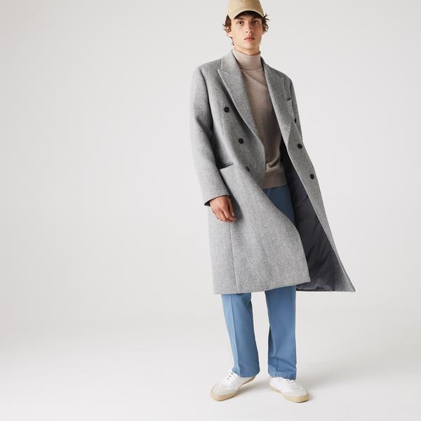 Lacoste Men's Long Double-Breasted Herringbone Wool Coat