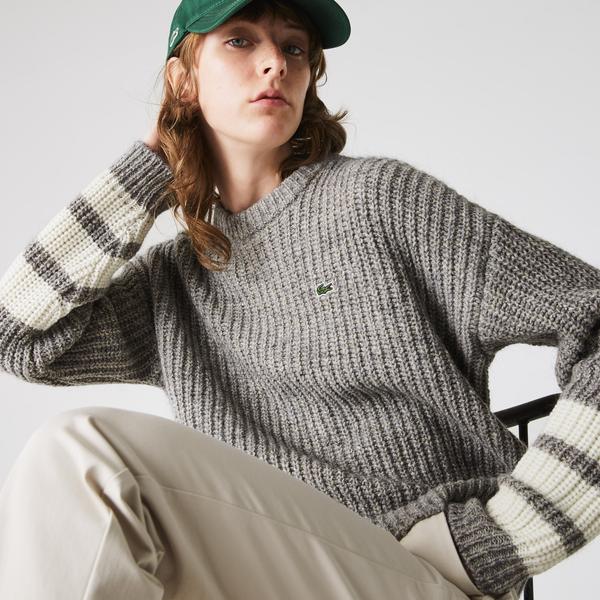 Lacoste Women's Crew Neck Striped Ribbed Wool Blend Sweater